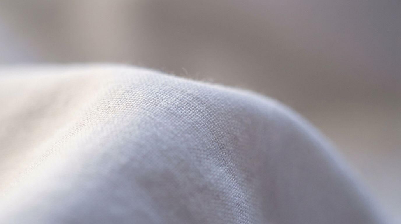 Macro photograph of the woven texture of crisp white cotton shirt fabric.