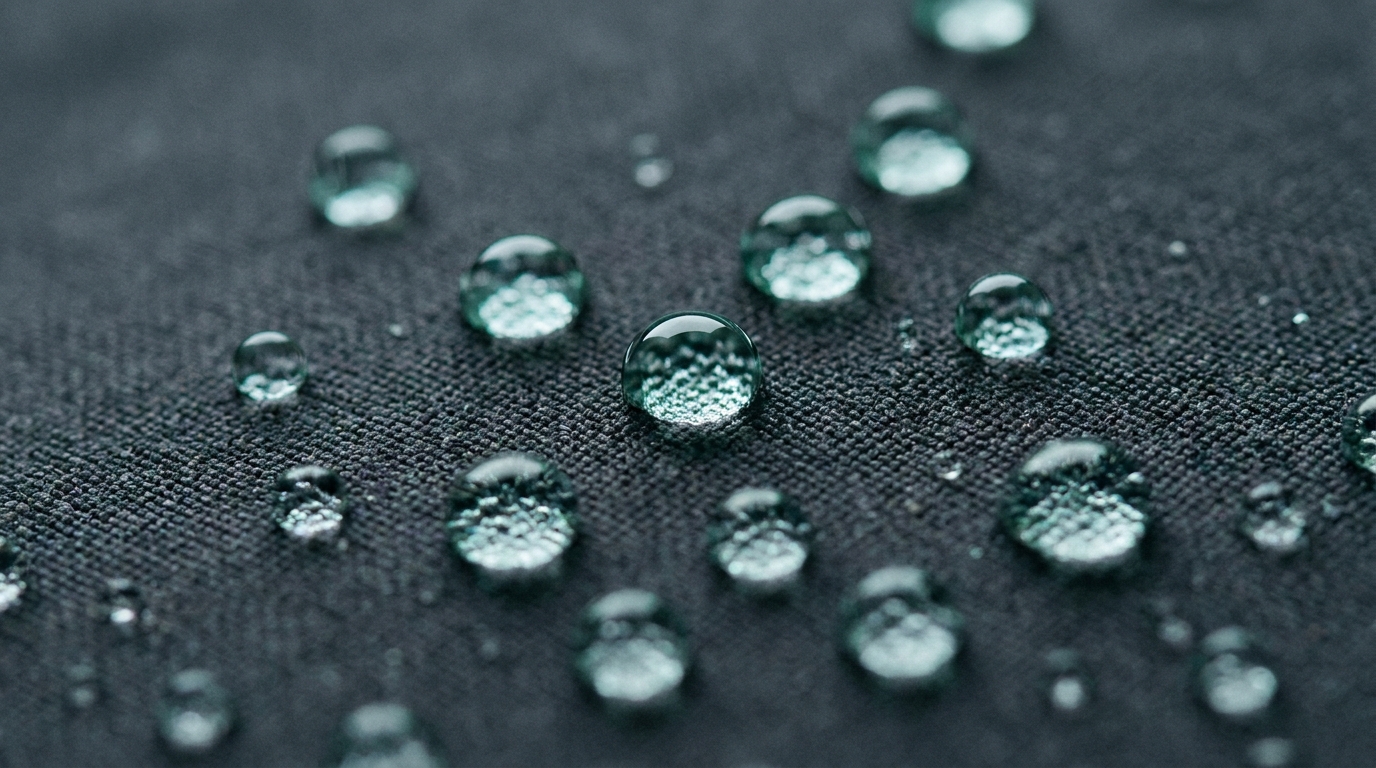 Macro photograph of water droplets beading on dark technical fabric.