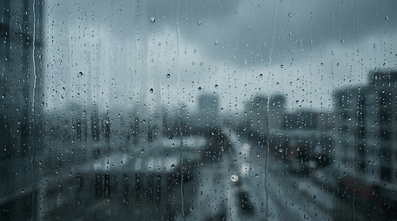 Rain droplets running down a window with a blurred grey cityscape beyond.