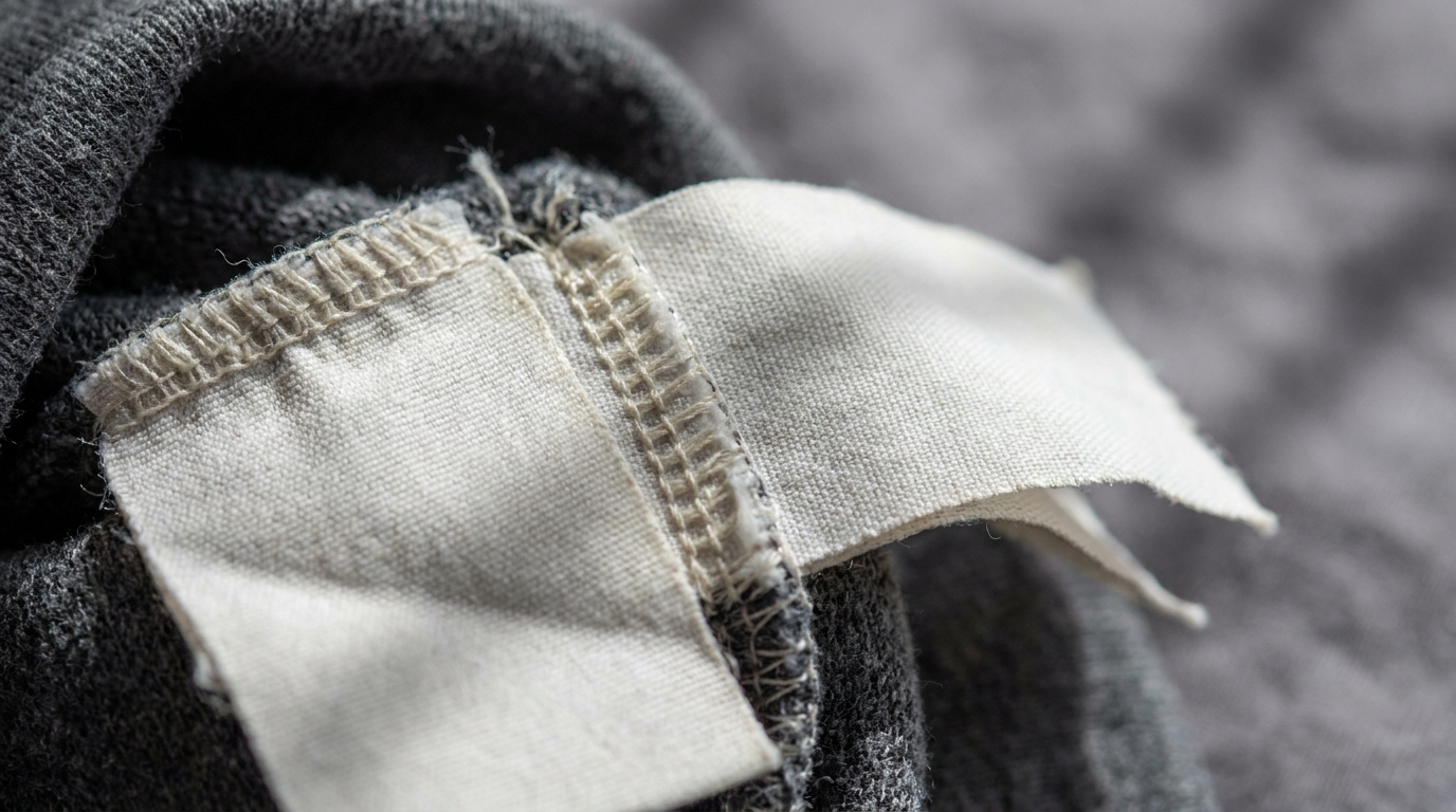 Extreme macro of blank white fabric care labels sewn inside a garment.